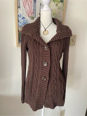 Gap Vintage Y2K Chunky Cable Knit Button Front Shawl Collar Cardigan Brown Small